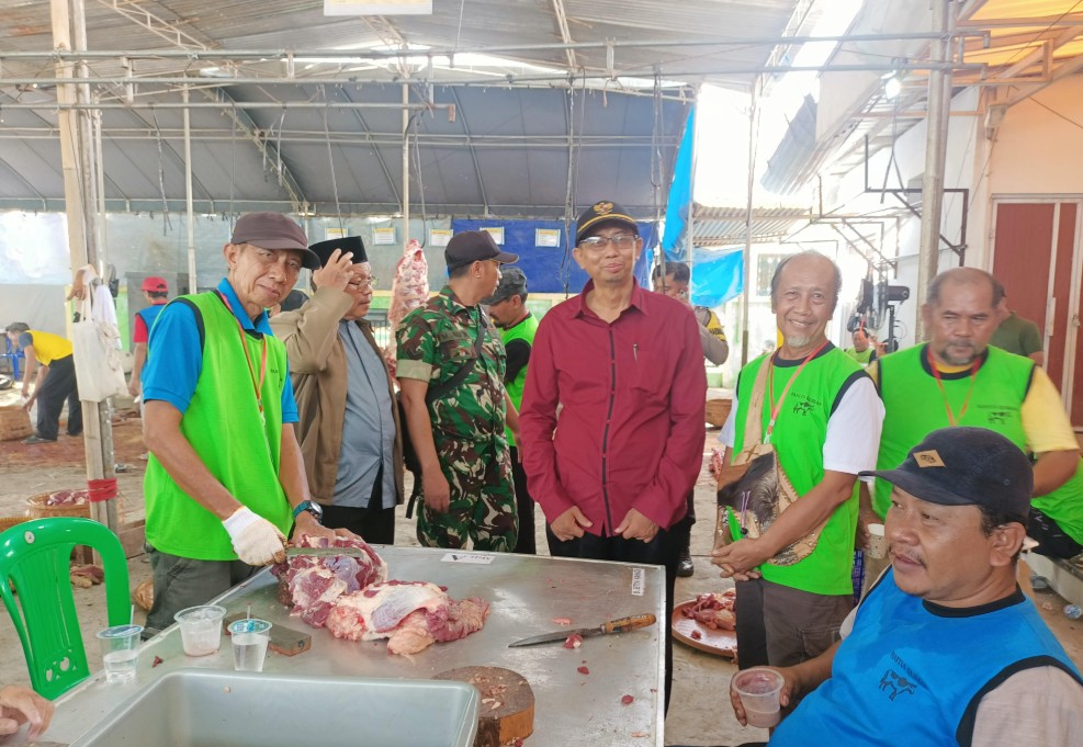 Lurah Tanjung (berbaju merah) saat melihat prosesi penyembelihan hewan kurban